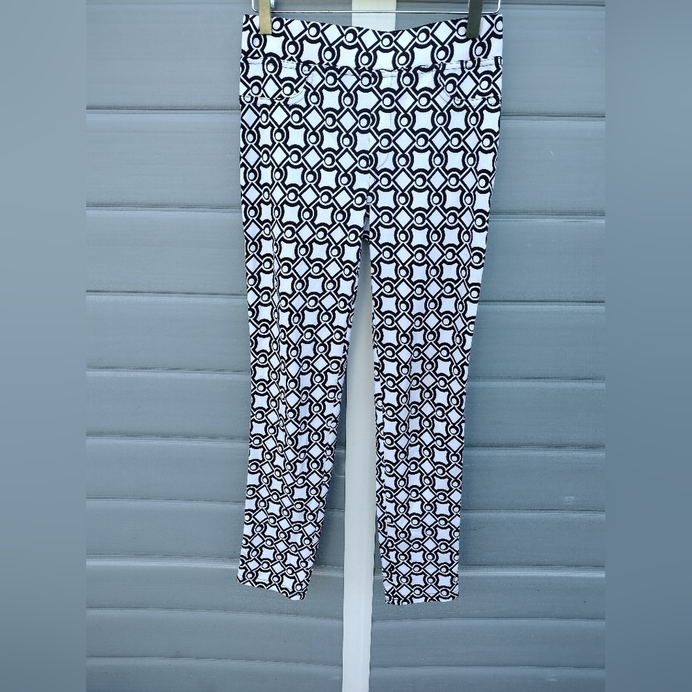 Joseph Ribkoff Womens Pull On Skinny Pants Sz 4 Black White Geometric Mid Rise